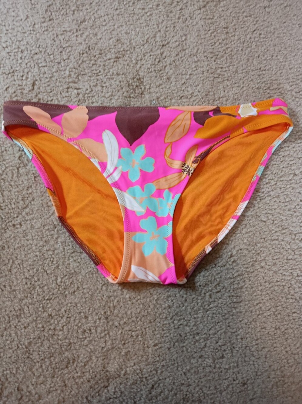 aerie Pink Floral Bikini Bottom with Orange Lining and Aqua Accents